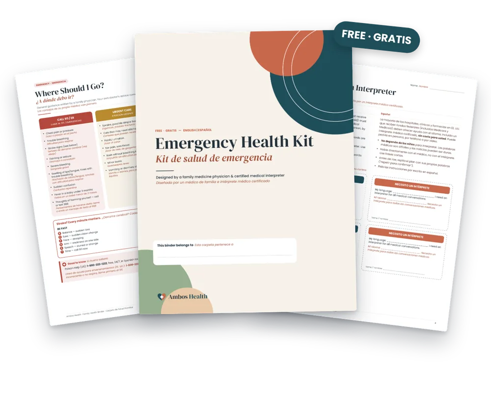 Free Emergency Health Kit: cover, Where should I go? guide and interpreter cards