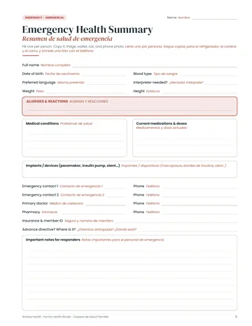Emergency Health Summary page